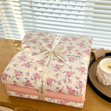 Yeknu Ins floral print Bedding set knitted cotton Flat sheet set Four pieces duvet cover double layer-yarn 4Pcs lovely Fitted sheet