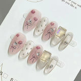 Yeknu  10pcs Handmade False Nails with Rose Flower Decor Glossy Sweet Pink Press On Nails for Daily and Parties Wearing Fake Nails