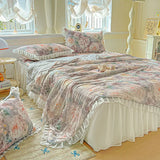 Yeknu  Sweet Floral printed Cool Summer blanket Lace and Ruffle Quilt for Home Skin-Friendly breathable air conditioner Comforters