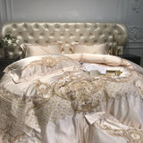 Yeknu Royal Golden Embroidery European Palace Luxury Bedding Set Champagne Brocade Egyptian Cotton Duvet Cover Bed Sheet Pillowcases