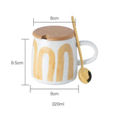 Yeknu  1pc Creative Ceramic 320ml Mug Stainless Steel Spoon With Wooden Lid Home Tea Room Study Office Supplies Gift Milk Coffee Cup