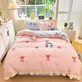Yeknu Classic Plaid Duvet Cover, Soft Lace Bedding Set, Skin-Friendly Bow-Design Duvet Cover