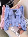 Yeknu  Women's Blue Striped Shirts Blouses Y2k Aesthetic Vintage Korean 2000s Oversize Square Collar Long Sleeve Shirt Fashion Clothes