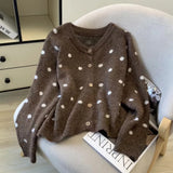 Yeknu  Women's Brown Polka Dot Cardigan Knit Sweater Vintage 2000s Jumper Knitwear Long Sleeves Korean Soft Cozy Sweater Autumn Winter