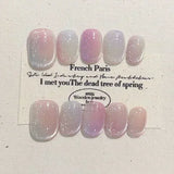 Yeknu 10Pcs Short Handmade Light Green Press On Nails Cat Eyes Pure Ballerina Decoration Wearable False Nails Full Cover Nail Tips Art