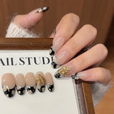 Yeknu  10pcs Retro Black and Gold Flower Handmade Press on Nails French-Style Painted False Nail for Women&Girl Removable Wearable Nail