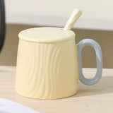 Yeknu  Chinese Style Ceramic vertical stripe Tea Mugs, Home Personal Office Creative With Cover Spoon Milk Water Coffee Cup, 320ml, 1Pc