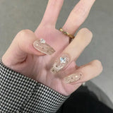 Yeknu  10pcs Handmade Press On Nails Nude Pink Cat Eye With Polka Dots&Rhinestones Short Square False Nails Reusable for Women&Girl