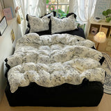 Yeknu  New French Lace Wash Quilt Cover Korean-style Romantic Herben-style Black Print Four-piece Set Skin Friendly Bedding Set