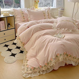 Yeknu  New INS Princess Style Bedding Sets Ruffle Lace Bow Quilt Cover Romantic Bedclothes Woman Girls Bedroom Duvet Cover 4pcs