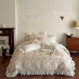 Yeknu  1000TC Egyptian Cotton Bedding Set Duvet Cover Flat Bed Sheet Pillowcases, Floral Embroidery Ruffles Luxury Bed Linens