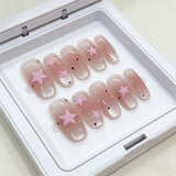 Yeknu  10pcs Star and Ripple Handmade Nails Painted Pink Press on Nail Medium Oval Full Coverage Nail Tips for Women&Girl False Nail