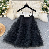 Yeknu  Summer French Vacation Suspender Dress Women Sleeveless Loose A-Line Solid Color Multi-layer Mesh Puffy Mini Dress