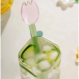 Yeknu  Colored Flower Glass Dessert Spoon High Temperature Resistant Spoon Creative Long Spiral Handle Juice Coffee Stirring Spoon