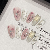 Yeknu  10pcs Handmade False Nails with Rose Flower Decor Glossy Sweet Pink Press On Nails for Daily and Parties Wearing Fake Nails