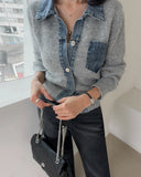 Yeknu  Knitted Autumn Denim Patchwork Cardigan Women Slim Fashion Casual Ladies Cropped Cardigans Korean Style Woman Sweater Coats