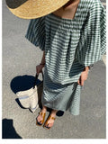 Yeknu  Fashion Square Neck Plaid Puff Sleeve Loose Casual Dress Summer Women Korean Ladies Chic New Dresses Elegant Woman Dress