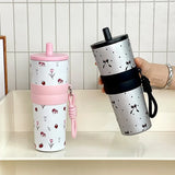 Yeknu  710ml Fashion Flower Stainless Steel 316 Vacuum Flask With Straw Leak-Proof Coffee Tea Cold Drink Car Thermos Mug Travel Tumbler