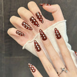 Yeknu  10pcs Handmade Press on Nails Retro Brown Almond Dot Print Design False Nails For Girl Wearable Sweet Cool Glossy Fake Nail Tips