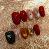 Yeknu  10Pcs Handmade Press On Nails Short Oval Red&Black Fake Nails With 3D Bow Glitter Decor Reusable Acrylic False Nails For Women