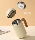 Yeknu  480ml Double Stainless Steel 316 Thermal Cup With Filter High Quality Office Home Coffee Tea Thermos Mug With Wooden Handle