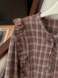 Yeknu  Women's Red Plaid Shirts and Blouses Y2k Aesthetic Vintage Korean Harajuku 2000s Elegant Long Sleeve O-Neck Shirt Trashy Clothes