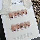 Yeknu  10Pcs Nude Short Ladder Handcrafted Press-On Nails Elegant White French Tip Edges with Diamond&Pearl Accents for Daily Nail Art