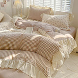 Yeknu  4pcs  Korean lace Duvet Cover Set (1*Duvet Cover + 2*Pillowcase, bed sheet), Pink checkered print Bedding Set