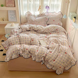 Yeknu  new cream lace girl powder grid Korean version bed four-piece set washed cotton double-layer yarn quilt cover dormitory
