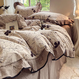 Yeknu  4-pcs Set with Linen Touch, Pure Polyester Material Ruffled Romantic Bow Design Girl Woman Bedroom Bedding Set Colored Flowers