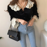 Yeknu  Autumn Velvet Shirts Tops Women Lace Patchwork Fashion Ruffle Long Sleeve Ladies Blouses Vintage Korean Loose Woman Shirt