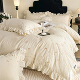 Yeknu  Chic Flowers Embroidery Ruffles Luxury Bedding Set 100% Cotton Duvet Cover Flat/Fitted Bed Sheet Pillowcases 4Pcs
