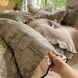 Yeknu  4-pcs Set with Linen Touch, Pure Polyester Material Ruffled Romantic Bow Design Girl Woman Bedroom Bedding Set Colored Flowers