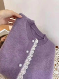 Yeknu  Women Purple Knit Cardigan Luxury Sweater Harajuku Vintage Korean Y2k Lace Patchwork Cashmere Sweater Jumper 2000s Clothes
