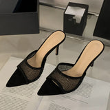 Yeknu  New Summer Pointed Toe Mesh Rhinestone Slippers Woman Elegant Mules Stiletto Heels Sandal Mujer