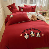 Yeknu Solid Colour embroidery Bedding Set For adults kids Ankela Red Red Flat Sheet With Pillowcases Colorful King Queen Full size