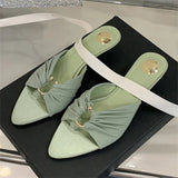 Yeknu  Fashion Design Pleated Hollow Out Thin Low Heels Women Slippers Summer Pointed Toe Party Dress Female Shoes