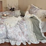 Yeknu  4Pcs French Romantic Floral Printed Egyptian Cotton Bedding Set With Lace Edge Duvet Cover Flat Sheet Pillowcases