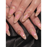 Yeknu  10pcs Handmade Almond Shaped Nail Art Pieces, Inlaid With Golden Flower Strips Detachable and reusable