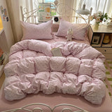 Yeknu  Small flower bow four piece set, soft and skin friendly cotton linen double bed duvet set, dormitory three piece set