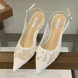 Yeknu  New Design Embroidery Breathable Mesh Pointed Toe Women Pumps Elegant Slingbacks Thin Heels Buckle Strap Shoes