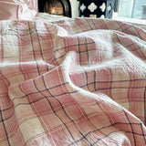 Yeknu Vintage French Plaid Lace Ruffles 100% Cotton Bedding Set Duvet Cover Set Bed Sheet/Bed Skirt/Fitted Sheet Pillowcases 4Pcs