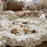 Yeknu Cartoon Animal Embroidery Bedding Set For Adults Kids Cute Flat Fitted Sheet With Pillowcases Washed Cotton Colorful Full Size