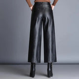 Yeknu  Plus Size Pu Faux Wide Leg Ankle-length Pants Women Baggy Black Shiny High Waist Womens Loose Pant Korean Trousers