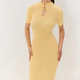 Yeknu  Summer Elegant Bodycon Knitted Dress Women Modis Short Sleeve Slim Ladies Knit Dresses Sexy Hollow Out Woman Long Dress