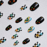 Yeknu  24pcs Almond Press On Nails Y2K Retro Checkerboard Fake Nail Face Flower Star False Nail Colorful Swirl Groovy Nail for Women
