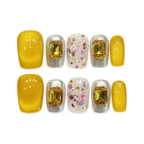 Yeknu  10 Pcs Press On Nails Ultra Short Gradient Fake Nails Gold Holographic Glitter With Rhinestones Handmade False Nail Tips