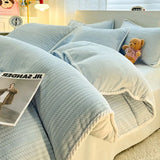 Yeknu  Autumn and Winter Thick Milk Velvet Quilt Cover Striped Jacquard Double-Sided Flannel Duvet Cover Solid Color Cozy Warm Bedding