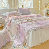 Yeknu  Sweet Floral printed Cool Summer blanket Lace and Ruffle Quilt for Home Skin-Friendly breathable air conditioner Comforters