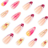 Yeknu  24pcs French Leopard Print Gradient Fake Nails 3D Flowers Press on Nail Short Almond False Nail for Women&Girl Full Cover Nail